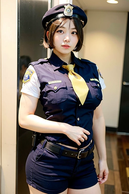 1 girl,Tall Girl,short hair,Large Breasts,big ,Firm breasts,Police uniform,Police Cosplay,I can see her cleavage,Six Pack,thick thigh muscles,Tight waist,