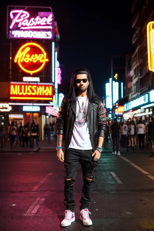 (best quality,4k,highres,masterpiece:1.2),ultra-detailed,realistic:1.37,a young man with long black hair,80s clothing,standing on the street,detailed face features,retro style,funky colors,neon lights,urban atmosphere,graffiti wall,vibrant energy,cool vibe,nighttime scene,80s music playing,exciting nightlife,skateboard nearby,confident expression,stylish sunglasses,street art,hip hop culture,boombox,passersby in retro fashion,cityscape backdrop,smoke in the air,dynamic pose,body language conveying attitude,colorful sneakers,stylish accessories,cool hairstyle,gritty texture,flashing neon signs.