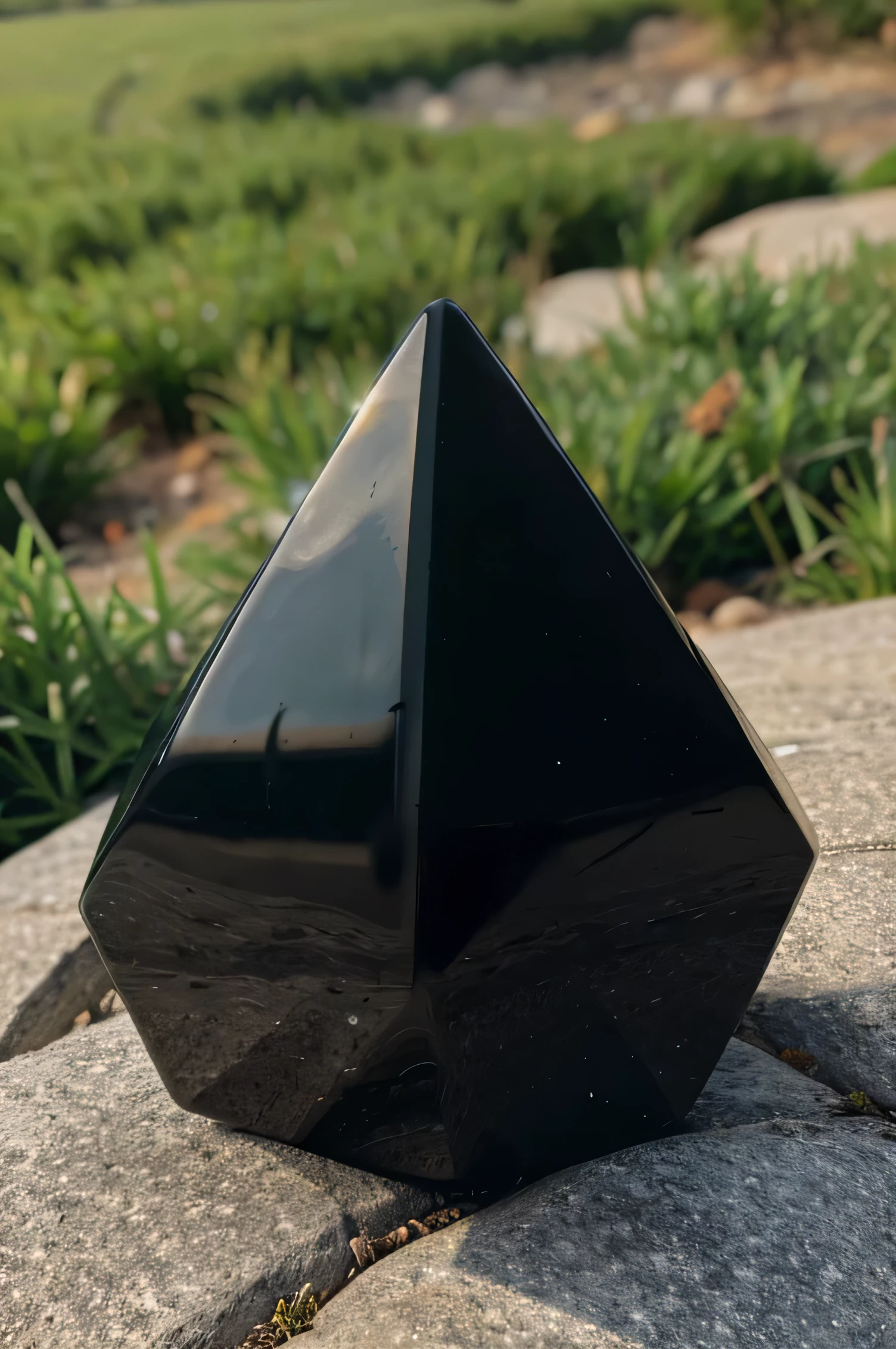 Black obsidian crystal shape stone, in grass background.
