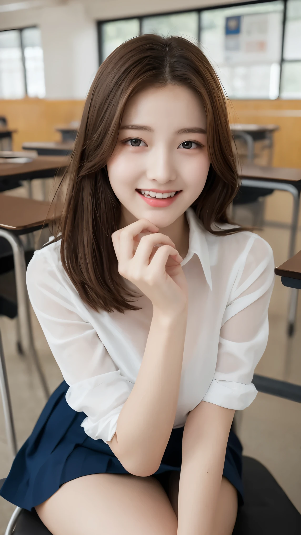 （Highly detailed 8K wallpapers)、Sharp focus、In detail、Drama、Delicate and beautiful 、16 years old、Sheer white shirt、Short skirt、Very large breasts、Light Brown Hair、hair ornaments、Beautiful and sexy、Laughter、Looking into the viewer、Beautiful graphics、Bright school building、Full of students、knees、