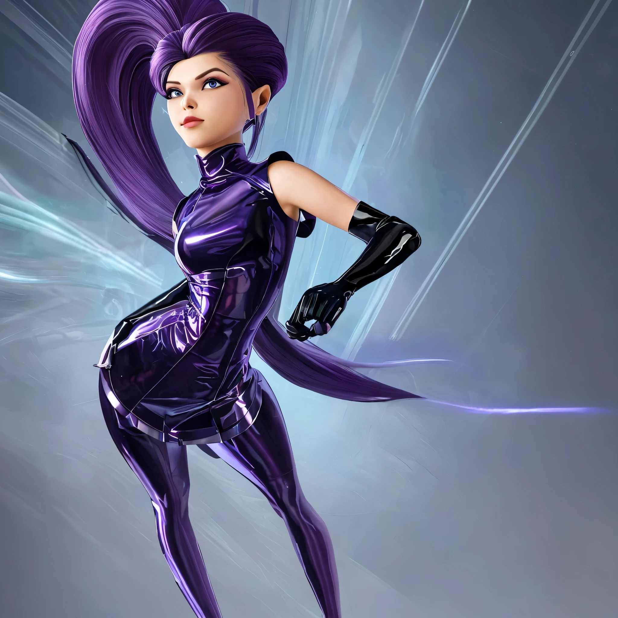 concepto de dominatriz violeta, imagen de retrato Unreal Engine 5 8K UHD de hermosa hembra, full violet latex, pelo liso con flequillo romo, violet tight latex, ponytail, futuristic design, hermoso maquillaje, mejor calidad, Obra maestra, pechos grandes, from below, legs open, tshirt transparent, eyes blue, traje muy ajustado, ajustado, mini skirt, eyes blue, 8k, 4k, fondo de arboles de cerezo, flor de cerezo