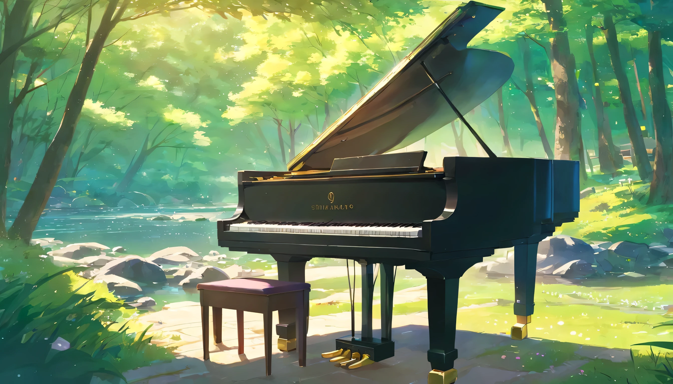 A grand piano in the middle of the woods near the river、Spring in Japan、Cherry tree in full bloom、Petals flutter、A small stream behind the piano、The splashes of water sparkle、There is no one、Grand piano only、Piano and chair by the river