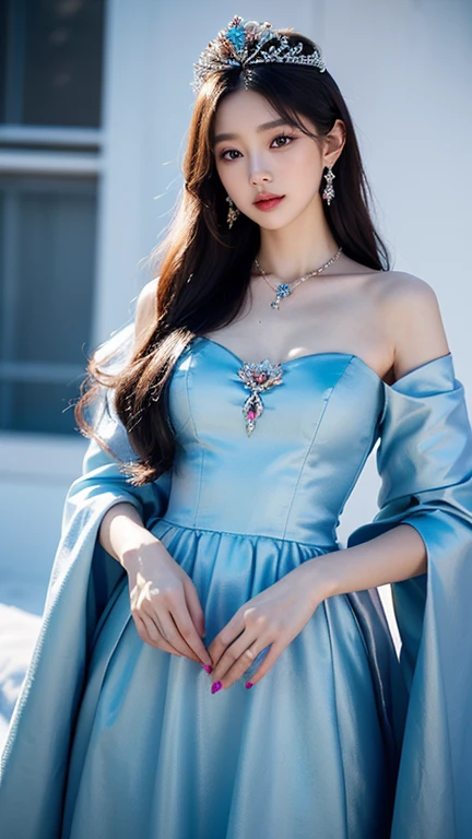 There was a woman in a Rose Colour dress，Wearing a necklace,((a beautiful fantasy empress).inspired by Sim Sa-jeong，Azure.detailed hairs,winter princess,LCE Princess,Guvez-Steville artwork,8K)),fantasy aesthetic!.Guviz,Ice Queen,8k high-quality detailed art.