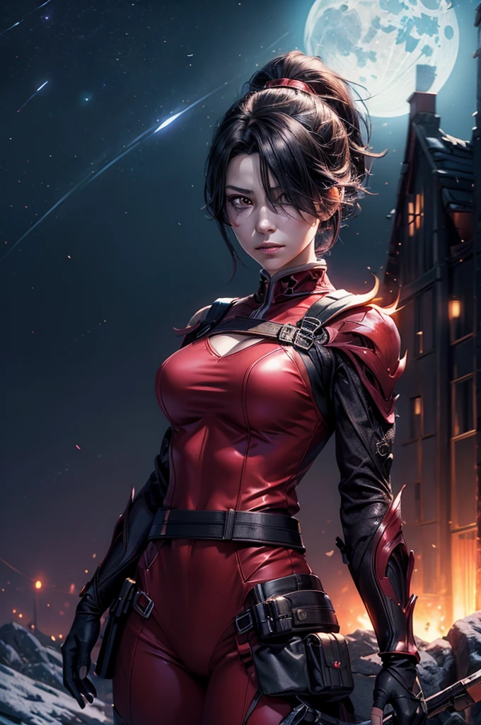 stunning girlfriend, heart shaped face, elegant face, beautiful face, highly detailed face, highly detailed skin, skin pores, subsurface scattering, realistic pupils, full lips, detailed background, depth of field, atmospheric perspective, volumetric lighting, sharp focus, absurdres, realistic proportions, good anatomy, (realistic, hyperrealistic:1.4), 16k hdr, cinderfall2023, best quality, masterpiece, 1girl, anime style, ponytail, red tactical suit, action pose, black left arm, utility belt, bulletproof vest, hair over eye, arcane ninja, flame, night, stars, moonlight,  standing, on mountain side, crowd