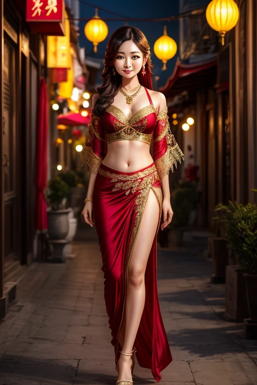 girl xinh: Asia, siêu dễ thương, (((full body photo, head to toe)));
age: from 18-20 years old;
hair: copper orange color, smooth, lung linh dưới sunlight, detail;
skin: milk white, rosy and flawless;
eye: jet black, almond shaped, sexy, youthful, trong veo, siêu detail, elegant, charming, sharp makeup, true, attract viewers;
mí eye: delicate, delicate, Perfect Beauty;
eyebrow: cong, dear, high solution;
Face: beautiful, pure, like a fairy, Gentle makeup, lovely, Perfect balance, đẹp đến từng detail;
nose: xinh, lovely, cao;
cheekbone: prominent;
lip: charming, light red lipstick, son bóng lovely;
răng: illustrious, Lily-white;
Charming smile, showing white teeth;
ngực: full, deep slits, toning, khít clothing ngực, pointed nipples;
clothing ngực: Red tươi, gold embroidery, metallic luster, silver mesh;
underwear: threaded, (((Red))), metal rim, (tight chặt);
Body shape: full, charming, full of youth;
accessory: ruby necklace, bông tai ruby, xăm;
clothing: silk fabric, White, piercing;
dress: tight, piercing, floral embroidery, (((extremely thin))), (revealing underwear);
Fashion style: high class female, Modern 2024, luxurious;
Image quality: non-NSFW, 8K CG HD, high solution, Super nice graphics, professional, detail, colourful, ultrafine, advanced techniques, RAW true;
light: luxurious, complex color combinations, black gold rays;
sunlight: twinkle, illuminate the girl&#39;s body;
Wallpaper: street, light chói chang.