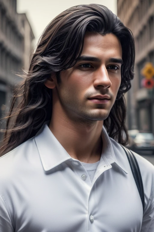 (best quality,4k,8k,highres,masterpiece:1.2), ultra-detailed, (realistic,photorealistic,photo-realistic:1.37), a young man, [long black hair], [white skin], 80s clothing, standing on the street