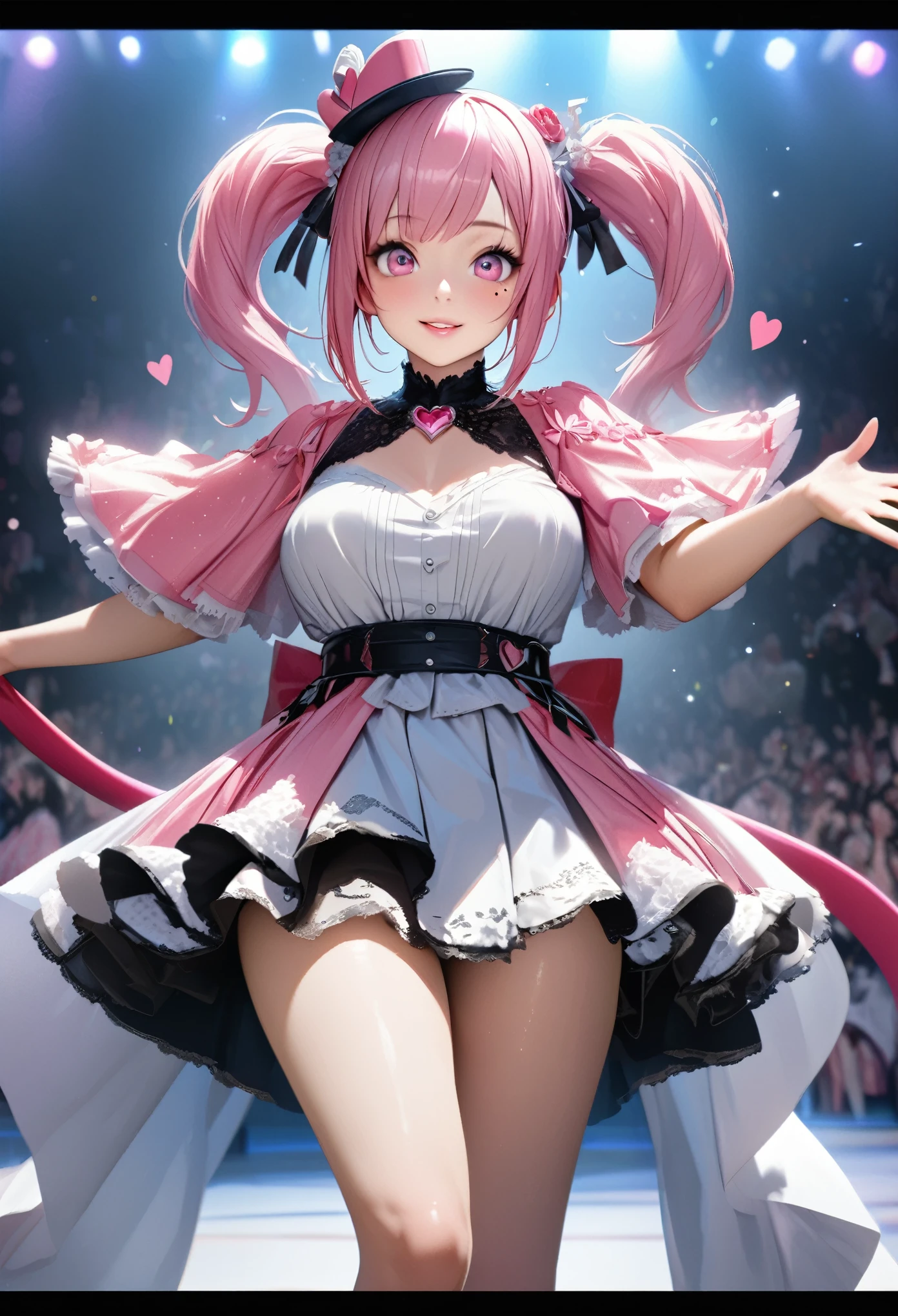 One Girl、Looking at the audience、
Beautiful pink eyes、Long pink twin-tail hair、,Mole under the eye、Plump and glossy lips、Heart-shaped choca、Idol、Her name is Rico,smile、ー、。.。.。.。.。.。.。.。.。.。.。.。.。.。.。.。.。.。.3D、Realistic、
Idol衣装、Short skirt,Drape clothes、gem、The decoration has been removed、Floral、Lace trim,On a glittering stage、
masterpiece、highest quality、8k、Detailed skin texture、Detailed cloth texture、Beautifully detailed face、Intricate details、Very detailed、
超A high resolution、8k Ultra HD、Film Grain、Best Shadow、delicate、Gazing at the audience、front