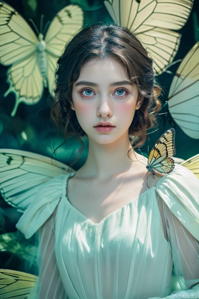 ( masterpiece, top quality, best quality,8k,17 years old girl,ultra detailed,raw photo:1.5),(photorealistic:1.4),(cinematic lighting), PerfectNwsjMajic, , Surrealism, UHD, ccurate, Super detail, textured skin, High detail, Best quality, dynamic angle, (high nose,White skin),[Beautiful blue eyes],[flat chest:large breasts:0.5],(1girl),(good anatomy:0.5)),with white butterfly wings and fluffy butterfly eyes and characters around flying in a chaotic universe and neon lights, Dreamy atmosphere,mystical aura, The background is a fairy forest