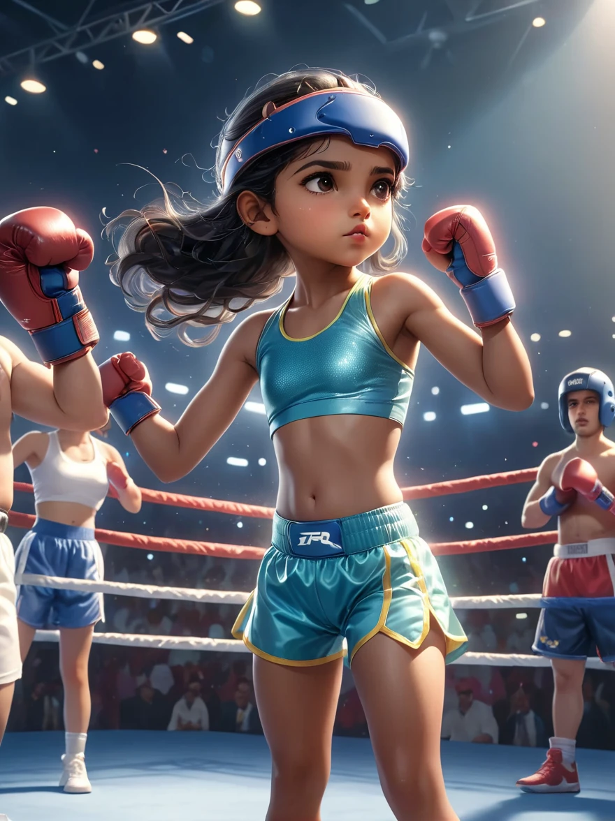 An athletic South Asian little girl, with protective gear and sports bra, proudly standing in a brightly lit boxing ring. She is fervently preparing for her match, throwing shadow punches with well-wrapped wrists and a determined look on her face. Meanwhile, an excited, diverse crowd has gathered around the ring. Their faces are filled with anticipation and they cheer her on, as bright spotlights illuminate the arena, further emphasizing the tension and intensity of the moment.