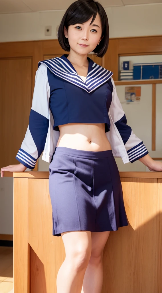 Woman in classroom, ((crop top sailor suit)), blue student skirts, open navel, open belly, (show abdomen area), 35 year old, adult look ,