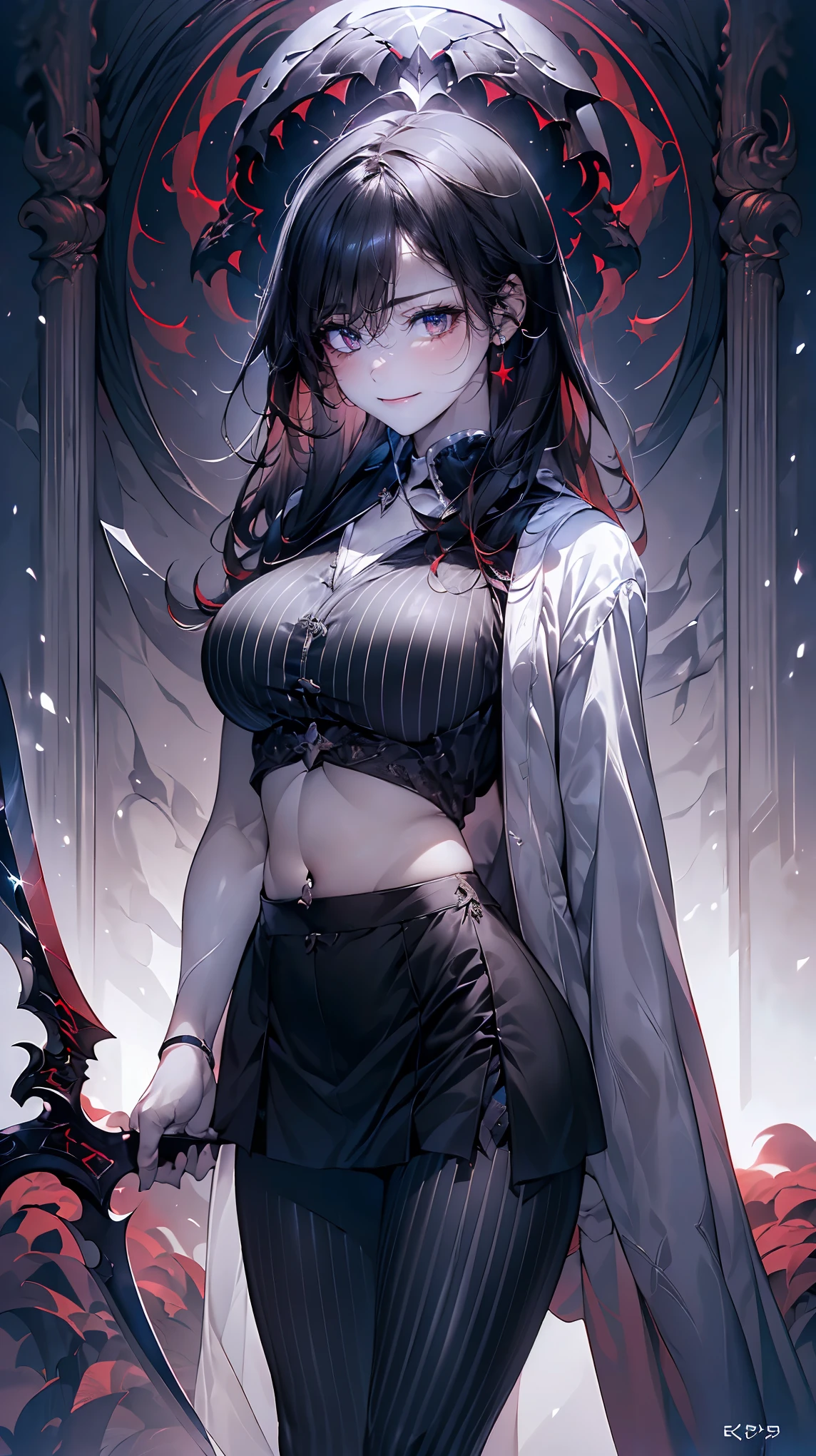 (masterpiece:1.2, highest quality), (Realistic, photoRealistic:1.4), Beautiful illustrations, (Natural Side Lighting, Cinema Lighting), Looking at the audience, Upper Body, (Front view), (1girl:1.8), Perfect Face, Symmetrical cute face, Shiny skin, Baby Face, Long eyelashes, (Large Breasts), (Wide Hips:1.5),Beautiful Hair, Beautiful Face, Fine and beautiful eyes, Beautiful body, Beautiful breasts, Beautiful thighs, Beautiful legs, Beautiful fingers,(Beautiful views),(Cute Smile:1.2, Upper Eye),(Reaper robe:1.5), white cropped style, (black and white striped tights:1.5), plump thighs, zettairyouiki, mini skirt, red eye shadow, eyeliner, (scythe: 1.2),