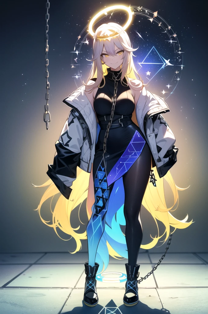 (blonde hair, long hair, sidelocks), (eyes with a mix of yellow and blue irises:1.5), two-tone eyes, multicolored eyes gradient eyes, white and blue jacket with constellation prints, (best quality,4k,8k,highres,masterpiece:1.2), ultra-detailed, portraits, (HDR:1.1), (vivid colors:1.1), (studio lighting), (bokeh), (highly saturated colors), (soft lighting), (detailed background), (subtle shadows), (ethereal glow), (pastel color palette), (delicate details), (sublime beauty), (feminine charm), (crisp focus), (fine brushwork), (impeccable craftsmanship), (emotional depth), (captivating storytelling), (intriguing narrative), (impressive realism), (exceptional artistry), (masterpiece-worthy), (awe-inspiring), blonde hair, very long hair, sidelocks, (eyes with a mix of yellow and blue irises:1.5), (two-tone eyes:1.5), (multicolored irises:1.5), multicolored eyes (gradient eyes:1.5), white and blue jacket with constellation prints, metallic skirt, (smug:1.5), (smirk), naughty face, mischievous, futuristic clothing, science fiction setting, high-tech, glowing eyes, (unicursal hexagram-shaped irises), (full body:1.5), (chains:1.5), (holographic halo:1.5), (unicursal hexagram halo:1.5)