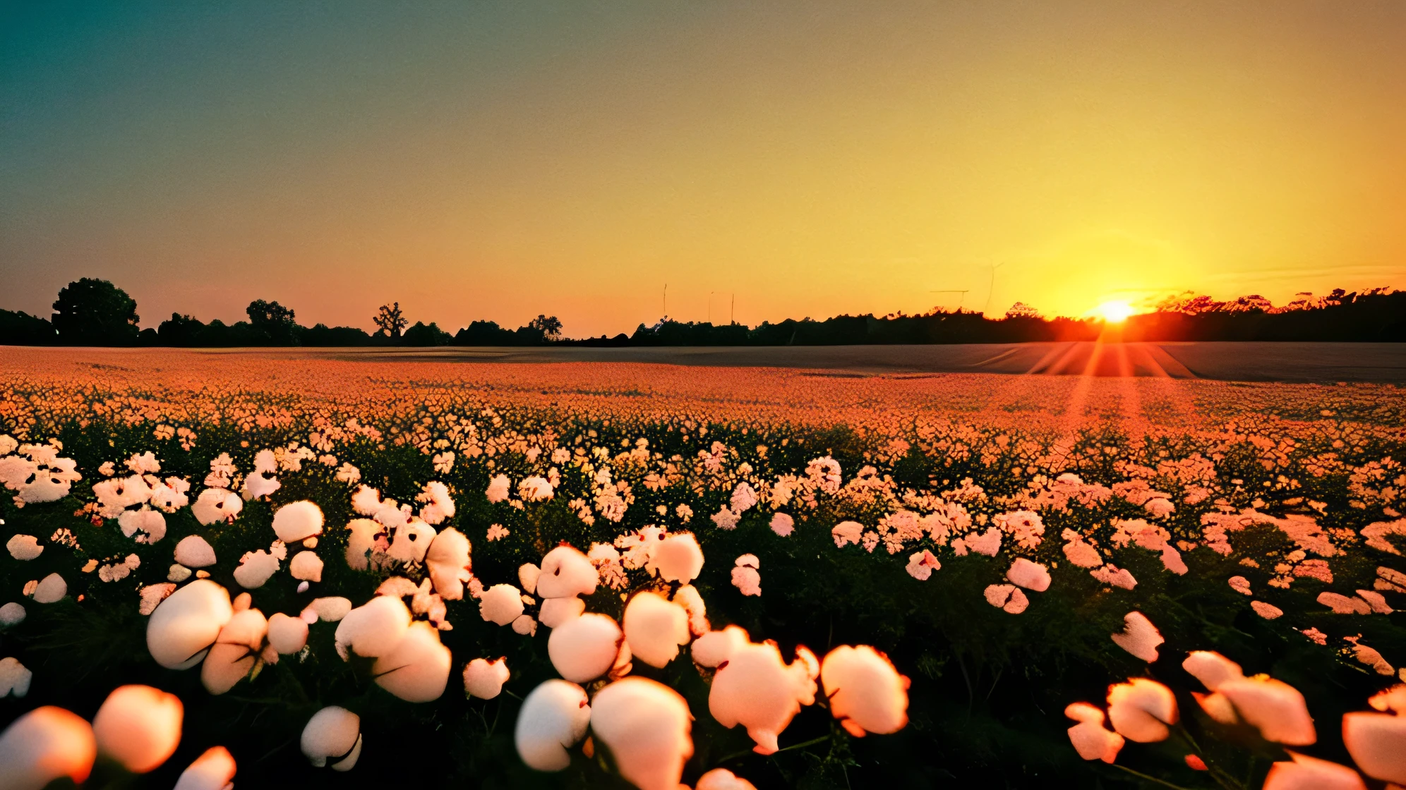 create an image of a cotton field at sunset, camera is inside the cotton field, very low angle, photorealism, shot on Kodak gold 400 film, 35mm look, film grain, warm sky, bright sun, vintage look