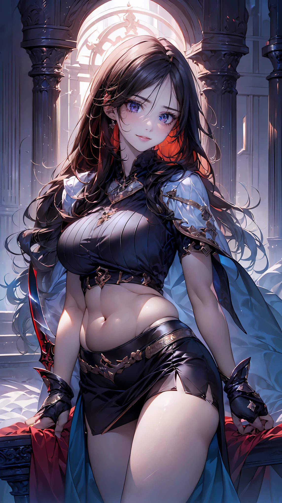 (masterpiece:1.2, highest quality), (Realistic, photoRealistic:1.4), Beautiful illustrations, (Natural Side Lighting, Cinema Lighting), Looking at the audience, Upper Body, (Front view), (1girl:1.8), Perfect Face, Symmetrical cute face, Shiny skin, Baby Face, Long eyelashes, (Large Breasts), (Wide Hips:1.5),Beautiful Hair, Beautiful Face, Fine and beautiful eyes, Beautiful body, Beautiful breasts, Beautiful thighs, Beautiful legs, Beautiful fingers,(Beautiful views),(Cute Smile:1.2, Upper Eye),Reaper robe, white cropped style, black and white striped tights, plump thighs, zettairyouiki, mini skirt, red eye shadow, eyeliner, (scythe: 1.2),