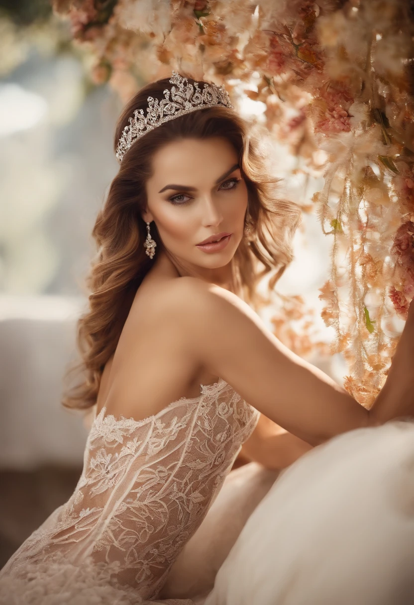 Mulher loira correndo de lingerie branca de renda