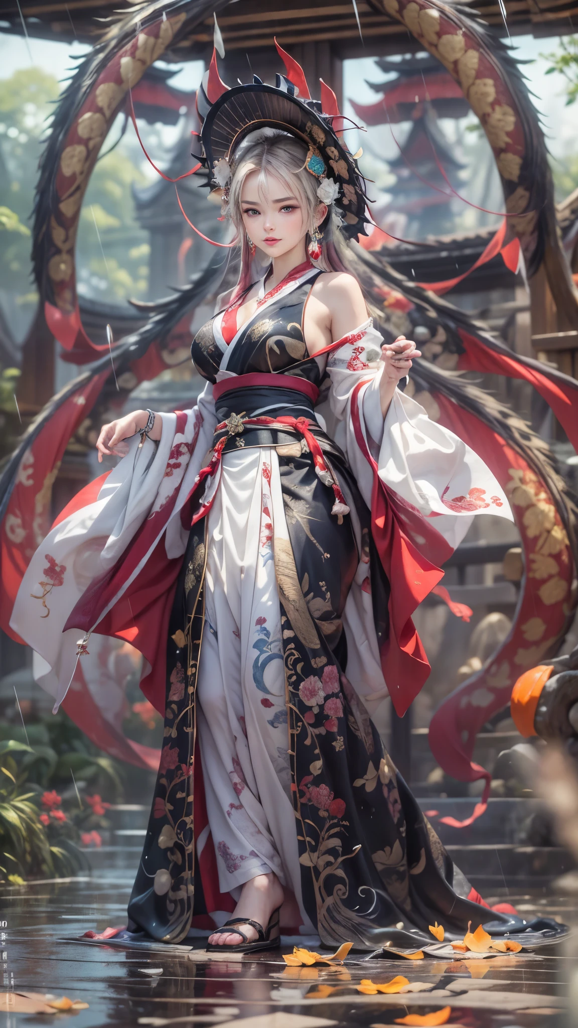 (Mysterious:1.3, 16k, highest quality, masterpiece, Ultra-high resolution), ((rain, From below)), Perfect dynamic composition:1.2, Highly detailed skin and facial textures:1.2, Professional camera work:1.1, Mysterious肖像画:1.1, Cinematic Light:1.1, Ultra-detailed, (Fantastic, tradition, Majestic), rainに濡れたスリムな女神, Incredibly slim body, Fair skin, Sexy beauty, Very beautiful face, Totally captivates you, (Ride the Dragon:1.0, Japanese Shrine Maiden Costume:1.0), (Shapely breasts, Chest gap), (Cowboy Shot, Calm pose), (Big eyes that exude beautiful eroticism, Lips that exude beautiful eroticism), necklace, Earrings, bracelet, Great background