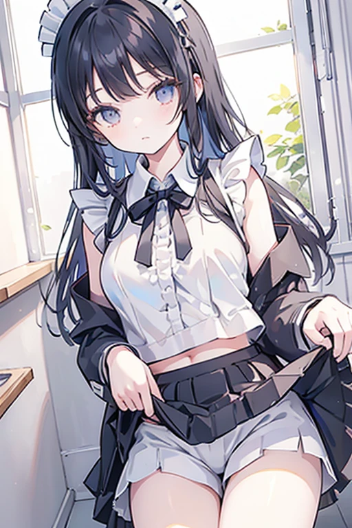 girl, maid uniform, BLAKE (((lift skirt))), (((low rise inner frill short Pants))),masterpiece