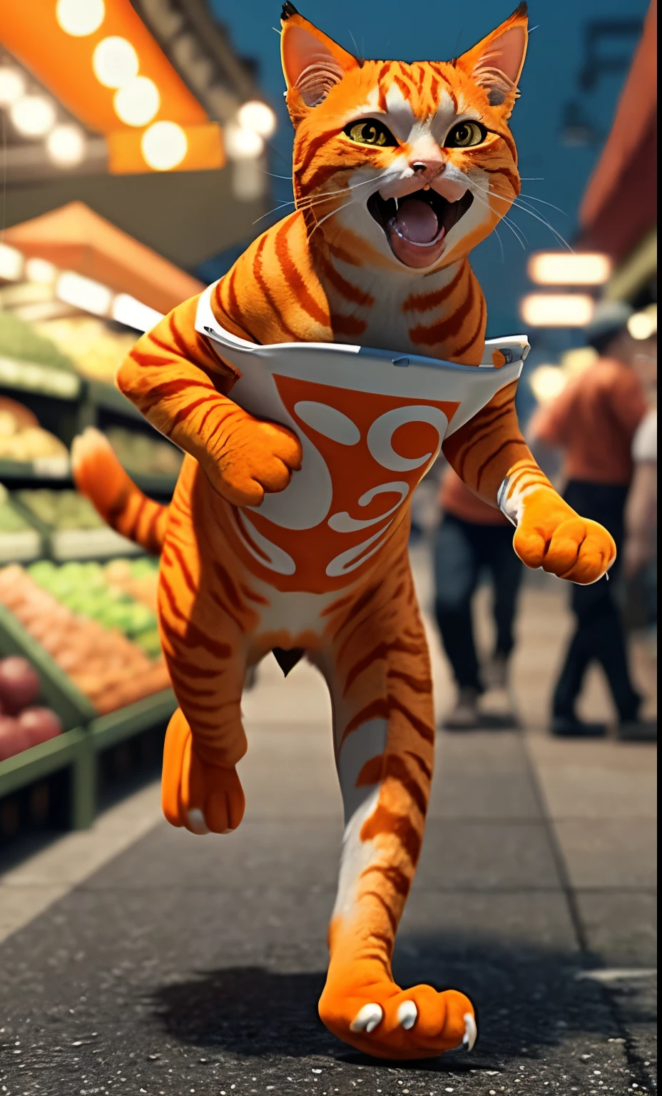 Orange cat is at the market biting fish while running chased by crowds, crying tears streaming down, realistic, 3d animation, cinematic lighting, high quality