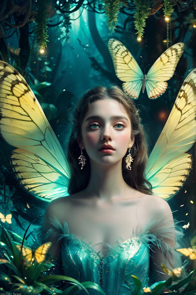 ( masterpiece, top quality, best quality,8k,17 years old girl,ultra detailed,raw photo:1.5),(photorealistic:1.4),(cinematic lighting), PerfectNwsjMajic, , Surrealism, UHD, ccurate, Super detail, textured skin, High detail, Best quality, dynamic angle, (high nose,White skin),[Beautiful blue eyes],[flat chest:large breasts:0.5],(1girl),(good anatomy:0.5)),with white butterfly wings and fluffy butterfly eyes and characters around flying in a chaotic universe and neon lights, Dreamy atmosphere,mystical ambiance, Artistic interpretation, a whimsical illustration, Subtle colors and tones, mystical aura,(portrait:1.5),The background is a fairy forest
