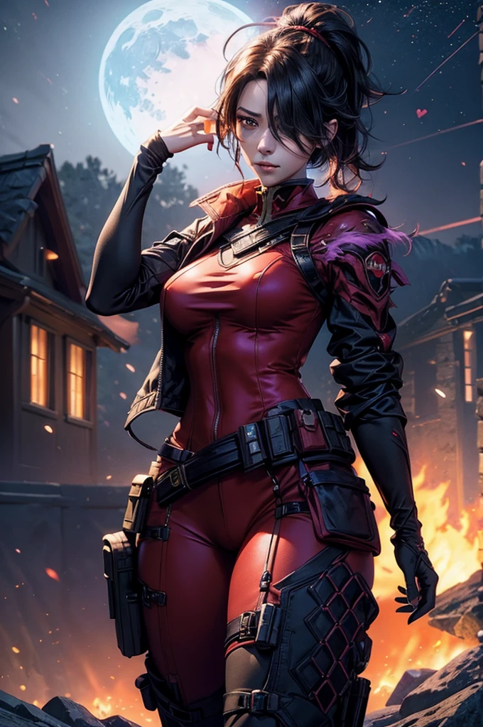stunning girlfriend, heart shaped face, elegant face, beautiful face, highly detailed face, highly detailed skin, skin pores, subsurface scattering, realistic pupils, full lips, detailed background, depth of field, atmospheric perspective, volumetric lighting, sharp focus, absurdres, realistic proportions, good anatomy, (realistic, hyperrealistic:1.4), 16k hdr, cinderfall2023, best quality, masterpiece, 1girl, anime style, ponytail, red tactical suit, action pose, black left arm, utility belt, bulletproof vest, hair over eye, arcane ninja, flame, night, stars, moonlight, standing, on mountain side, crowd