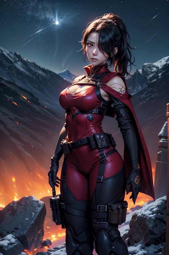 Cybernetic woman, A perfectly sculpted whole body, Realistic, My stomach is getting bigger, (Perfect breasts), Neckline, 3d, Wearing a hood and cape on his head, Red visor on right eye, anime style 3d, ultra Realistic, High resolution,