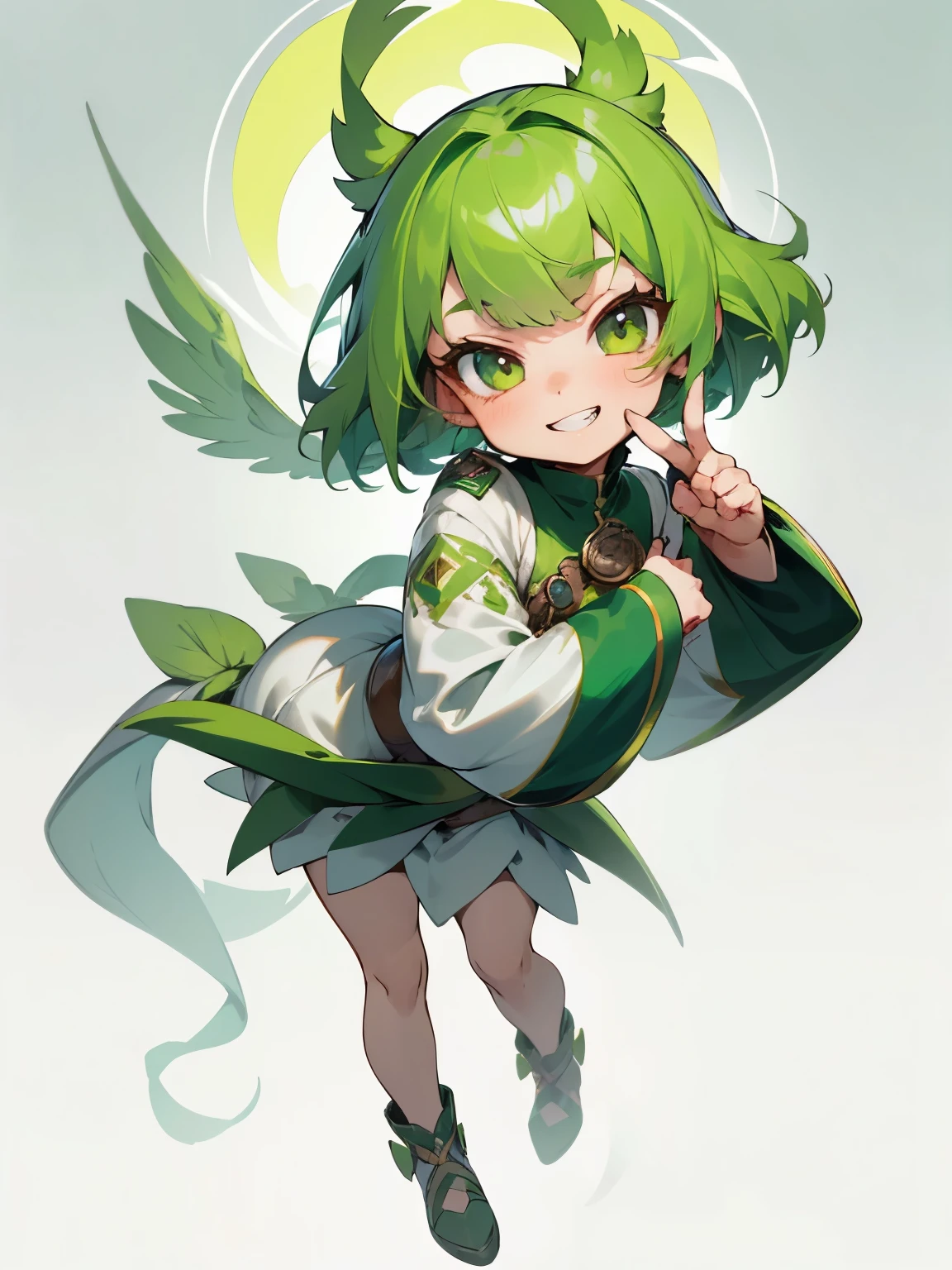 girl, full body, cartoon style, chibi style, cute, （index finger raised : 1.3）, high detailed finger, bird tail, bird wing, beautiful face, grin face, green color eye, beautiful eye, high detailed pupil, double eyeylid, high detailed skin, high quality skin, green color hair, white clothes, masterpiece,