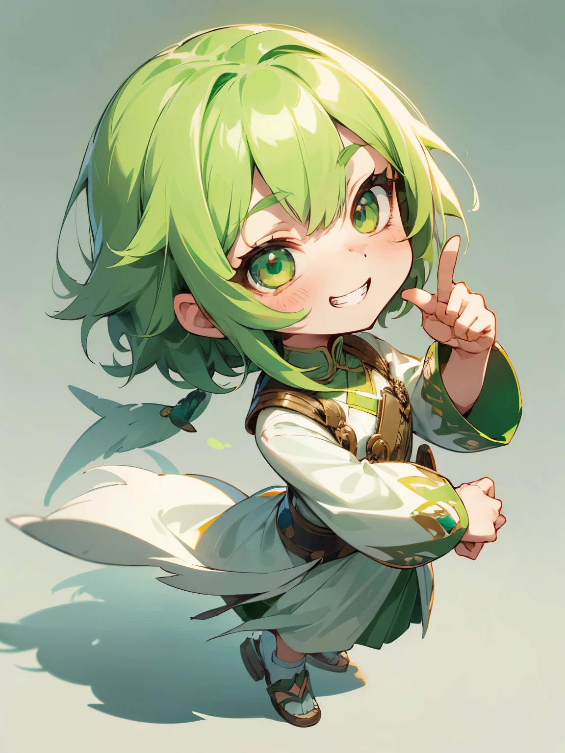 girl, full body, cartoon style, chibi style, cute, (index finger raised : 1.3), high detailed finger, bird tail, bird wing, beautiful face, grin face, green color eye, beautiful eye, high detailed pupil, double eyeylid, high detailed skin, high quality skin, green color hair, white clothes, masterpiece,