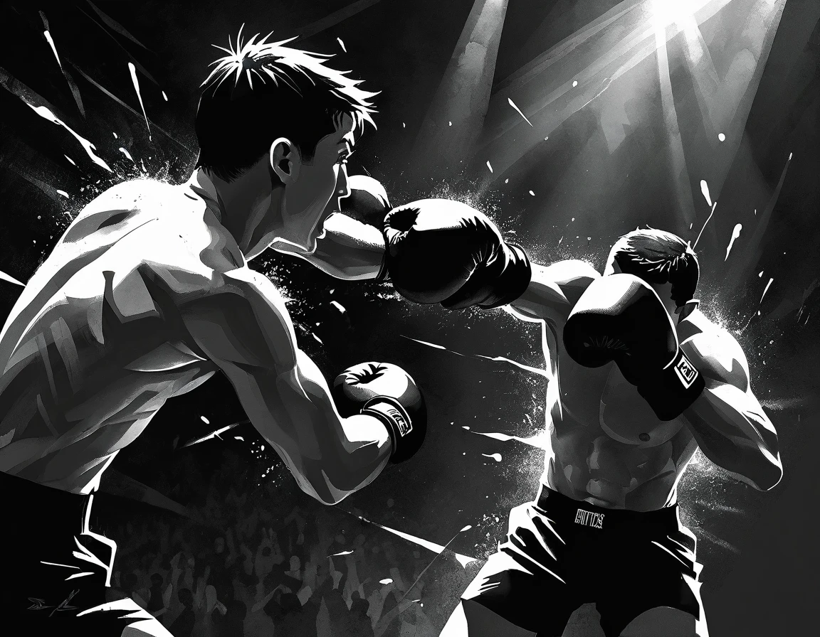 forest, minimalistic style, striking shadows, intense atmosphere, dynamic movement, powerful punches, focused eyes, sweat dripping, boxing gloves, referee's instructions, crowd cheering, adrenaline rush, monochromatic palette, contrasting tones, dramatic lighting, high contrast, strong composition, detailed facial expressions, impactful poses, energetic brushstrokes, raw emotions, fast-paced action, dynamic angles, intense competition, suspenseful moments, professional athletes, dedication and determination