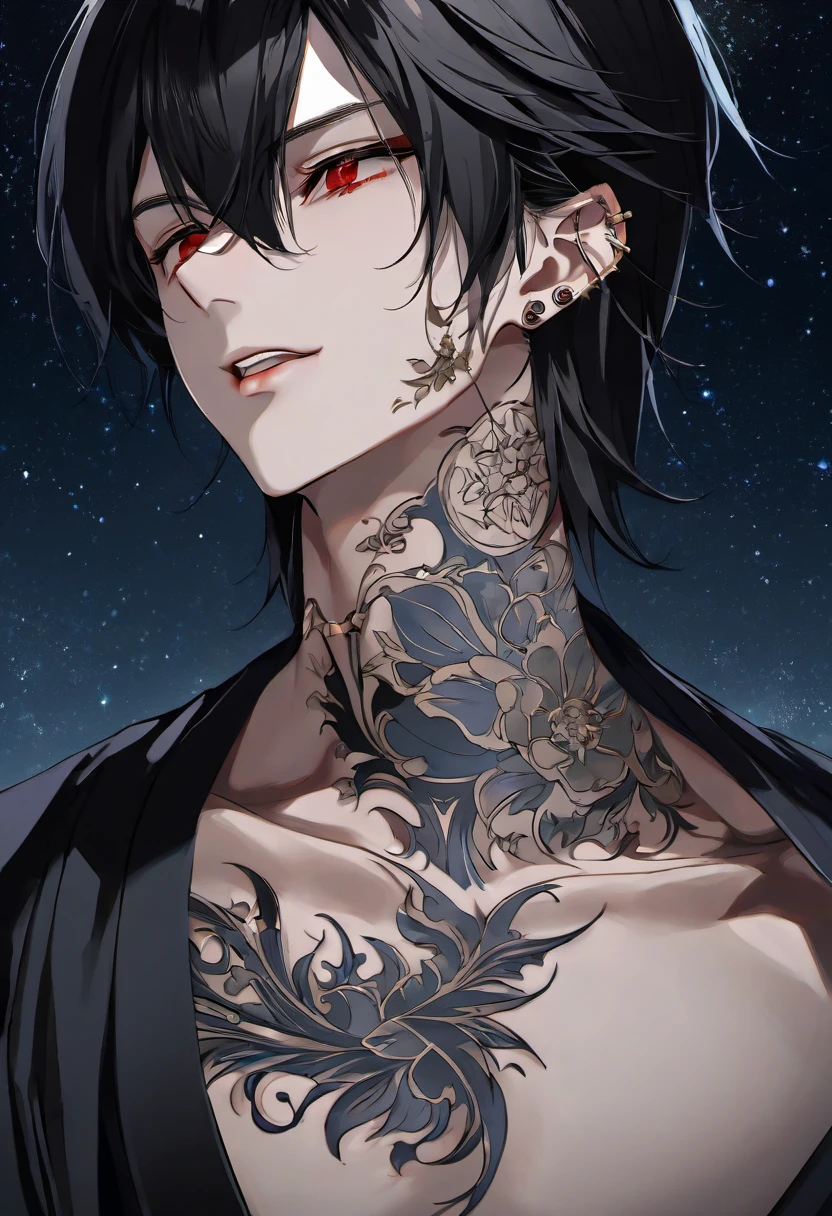 (((8k, RAW photo, best quality, Masterpiece: 1.4))), super high resolution, super detailed, illustration, close-up, handsome man, red eyes, (detailed eyes, bright eyes:1.2), black medium-length hair, elf, vampire, pale skin, ear piercings, kimono, dark, black clothes, detailed clothes, gold accessories on clothes, shows tongue, sharp fangs, (perfect anatomy:1.2), high quality shadows, natural lighting, (white highlights:1.2), night, dark sky, (neck tattoo:1.2), (starry sky:1.2)
