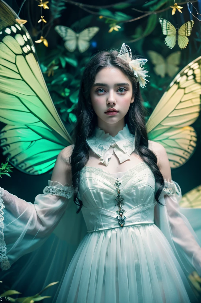 ( masterpiece, top quality, best quality,8k,17 years old girl,ultra detailed,raw photo:1.5),(photorealistic:1.4),(cinematic lighting), PerfectNwsjMajic, , Surrealism, UHD, ccurate, Super detail, textured skin, High detail, Best quality, dynamic angle, (high nose,White skin),[Beautiful blue eyes],[flat chest:large breasts:0.5],(1girl),(good anatomy:0.5)),with white butterfly wings and fluffy butterfly eyes and characters around flying in a chaotic universe and neon lights, Dreamy atmosphere,mystical aura, The background is a fairy forest