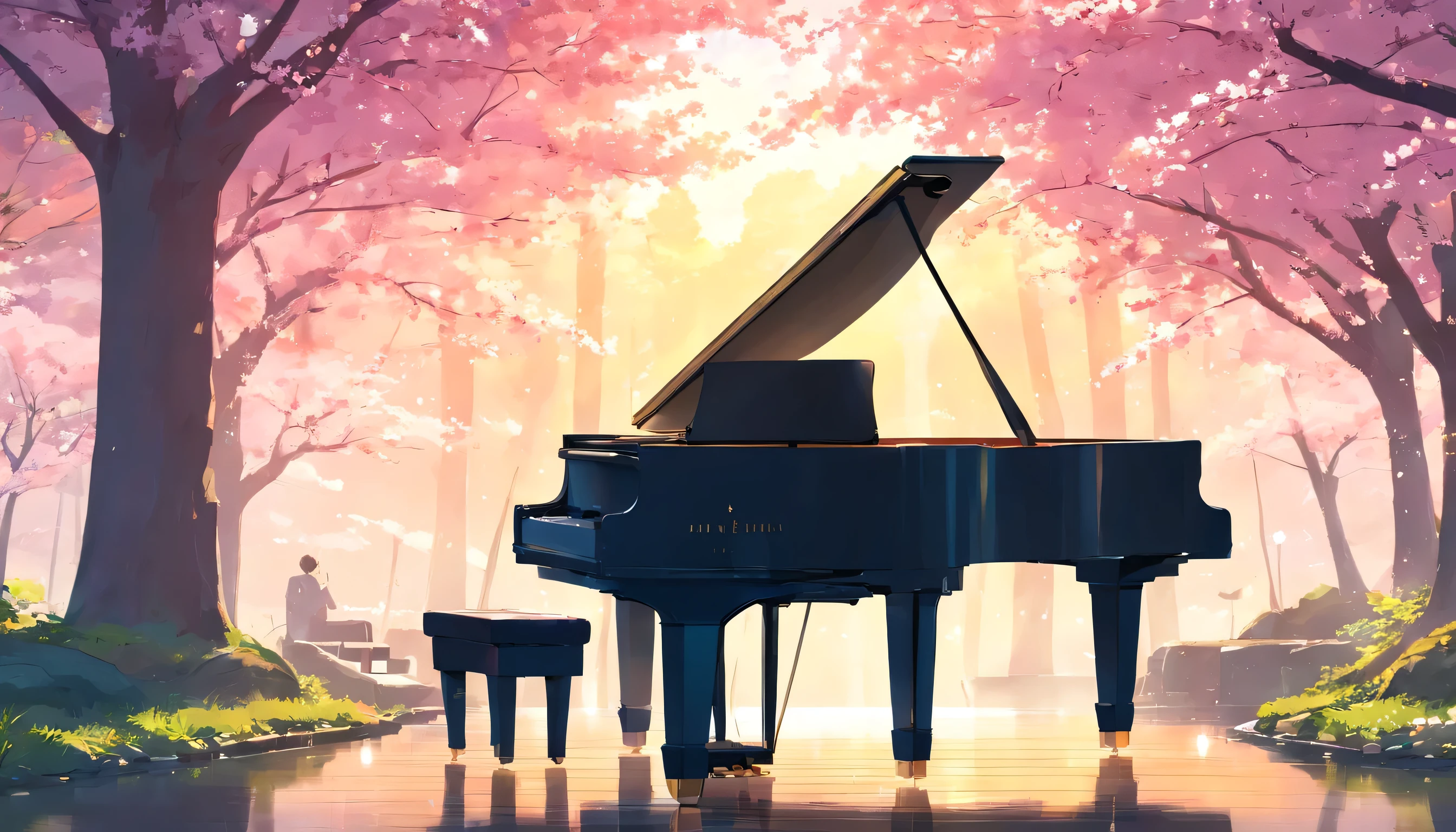 A grand piano in the middle of the woods near the river、Spring in Japan、Cherry tree in full bloom、Petals flutter、A small stream behind the piano、The splashes of water sparkle、There is no one、Grand piano only、Piano and chair by the river