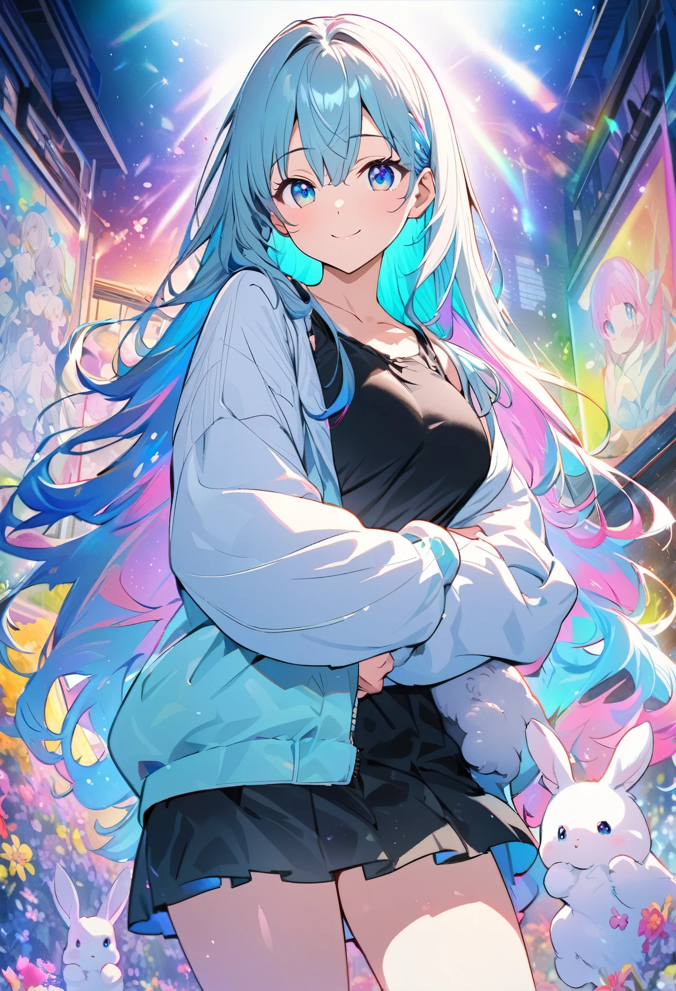 Japanese anime, a baby rabbit and a girl, under a rainbow-colored sky, a baby rabbit, carefully written, a smiling cute girl, a baby rabbit, and flowers, bold and strong line drawings, vivid thick paint, bright plain colors. Background, beautiful evidence, maximum resolution 16K, beautiful anime girl betrayed by a baby rabbit, long hair, baby rabbit, beautiful light cyan highlights are beautiful Gentle eyes, sparkling background, gentle air with diamond highlights Beautiful girl with good bright colorful hair, black tank top and miniskirt, thick aquarelle color, colorful, honeydew and diamonds, light cyan and white and light effects, wallpaper, architecture, high quality, high image quality, large amount of drawing , pixiv illustration, transparency, Japanese anime, upper body, white tone, delicate brushstrokes, unique colors