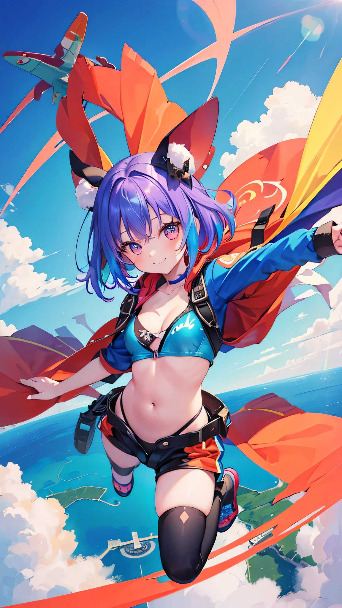 A girl dressed like a flying squirrel flying over the forest and lake、((Girl flying in the sky))、smile、Multicolored Hair、Open your hands、((sky diving))、belly button、Shorts、Cleavage、Colorful ornaments、((Angle from the sky))、Angle from the ankle、