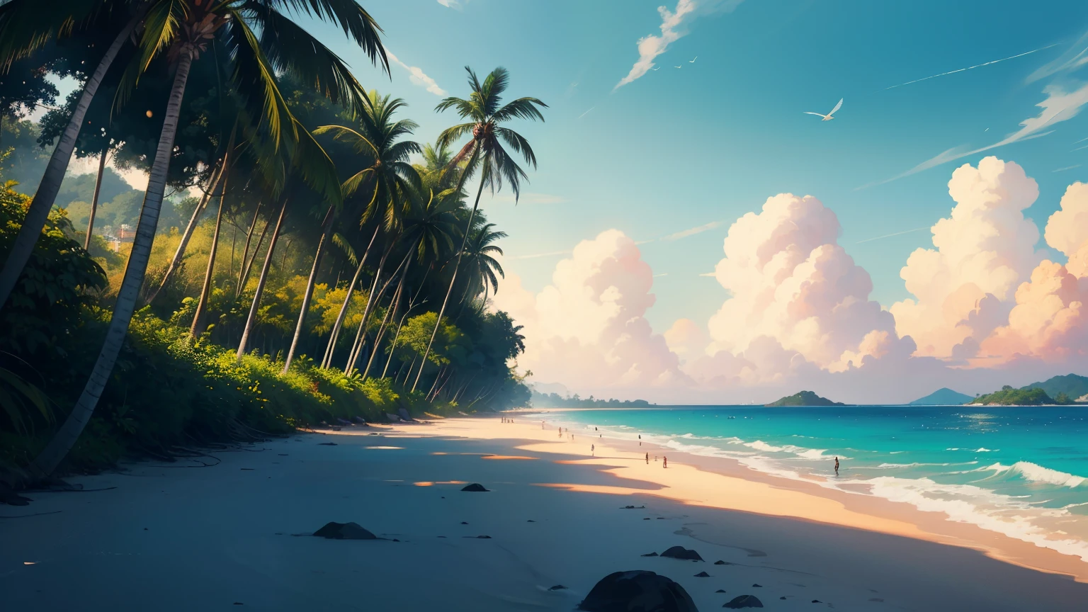 ((best quality)), ((masterpiece)), (detailed), (visually captivating image), (crystal-clear clarity), (4K resolution), (high definition), (meticulous detail), (vibrant colors), (HD quality), The air was thick with humidity as the first rays of the sun peeked over the horizon, casting a warm, golden glow across the turquoise waters of the Andaman Sea. The island of Langkawi, nestled within Kedah, Malaysia, was awakening from its slumber, its lush greenery and white sandy beaches slowly coming to life. Birds chirped merrily in the trees, their melodic songs weaving together with the gentle lapping of waves against the shore. A light breeze rustled through the palm fronds, offering a fleeting respite from the sweltering heat.