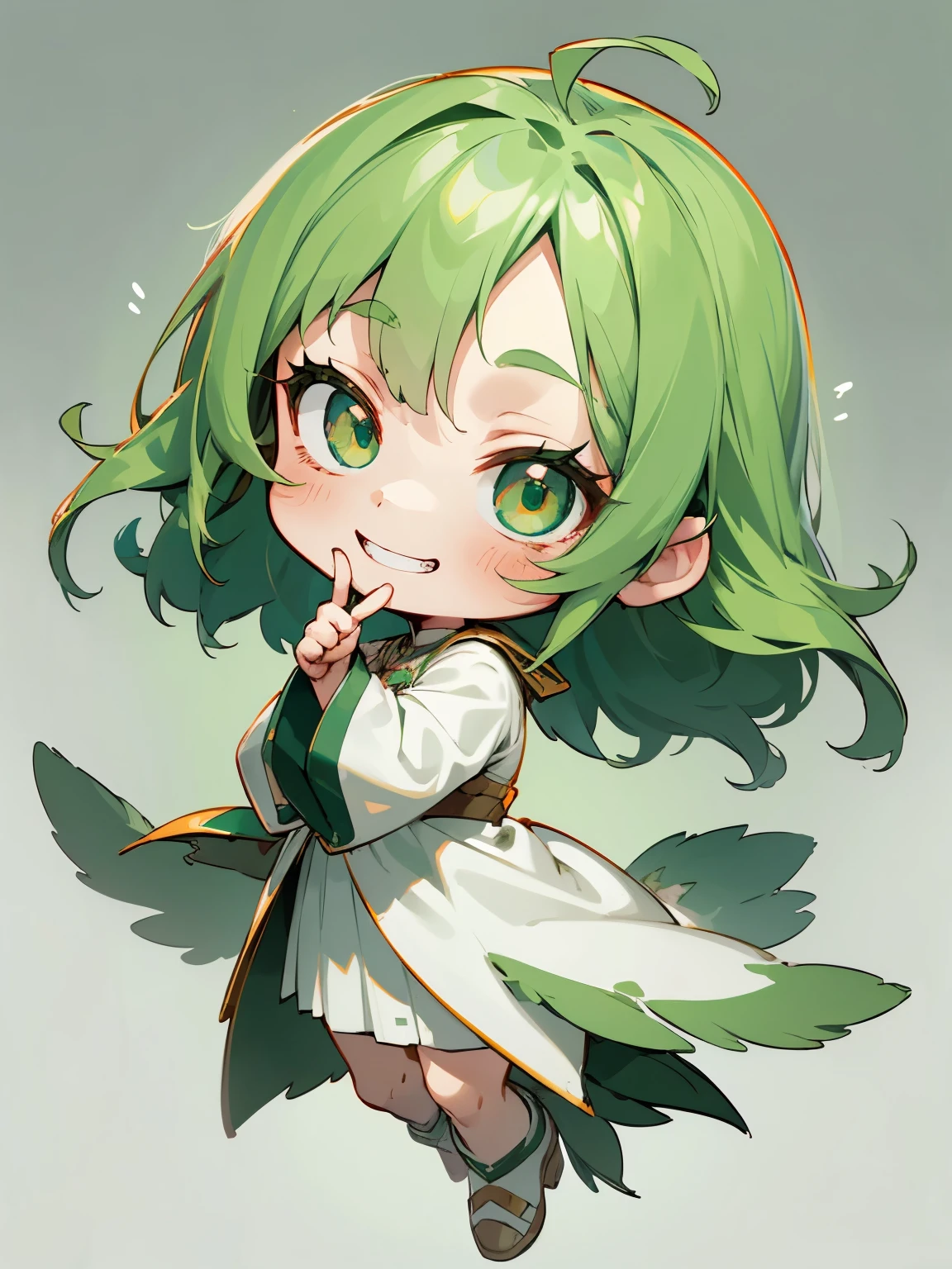 girl, full body, cartoon style, chibi style, cute, (index finger raised : 1.3), high detailed finger, bird tail, bird wing, beautiful face, grin face, green color eye, beautiful eye, high detailed pupil, double eyeylid, high detailed skin, high quality skin, green color hair, white clothes, masterpiece,