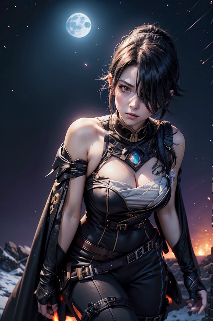 stunning girlfriend, heart shaped face, elegant face, beautiful face, highly detailed face, highly detailed skin, skin pores, subsurface scattering, realistic pupils, full lips, detailed background, depth of field, atmospheric perspective, volumetric lighting, sharp focus, absurdres, realistic proportions, good anatomy, (realistic, hyperrealistic:1.4), 16k hdr, cinderfall2023, best quality, masterpiece, 1girl, anime style, ponytail, black tactical suit, action pose, black left arm, utility belt, bulletproof vest, hair over eye, arcane ninja, flame, night, stars, moonlight, standing, on mountain side, crowd