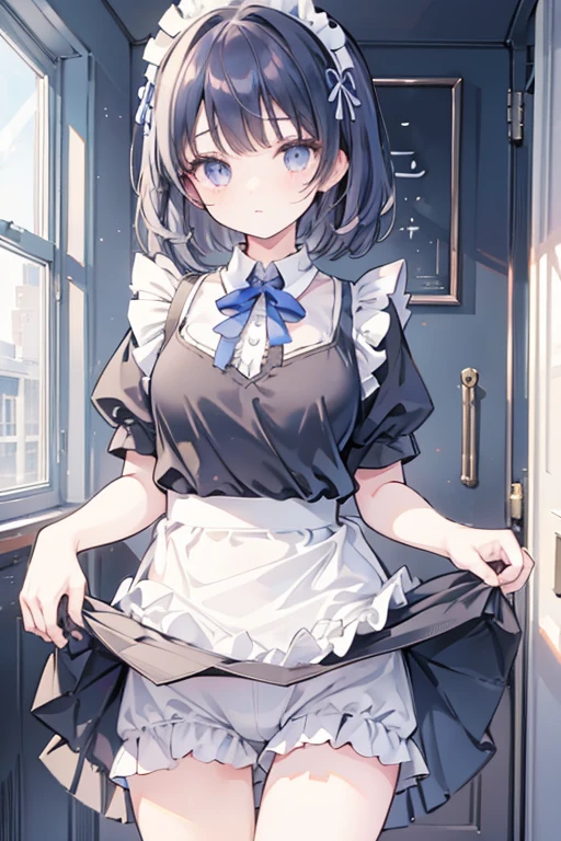 girl, maid uniform, BLAKE (((lift skirt))), (((frill very short low rise inner Petit Pants))),masterpiece