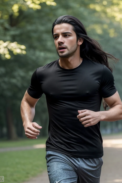 (best quality,4k,8k,highres,masterpiece:1.2), ultra-detailed, (realistic,photorealistic,photo-realistic:1.37), a young man, [long black hair], [white skin], wearing black t-shirt and blue jeabs, running in the park