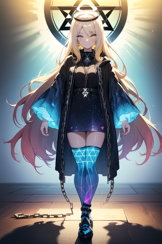 (blonde hair, long hair, sidelocks), (eyes with a mix of yellow and blue irises:1.5), two-tone eyes, multicolored eyes gradient eyes, white and blue jacket with constellation prints, (best quality,4k,8k,highres,masterpiece:1.2), ultra-detailed, portraits, (HDR:1.1), (vivid colors:1.1), (studio lighting), (bokeh), (highly saturated colors), (soft lighting), (detailed background), (subtle shadows), (ethereal glow), (pastel color palette), (delicate details), (sublime beauty), (feminine charm), (crisp focus), (fine brushwork), (impeccable craftsmanship), (emotional depth), (captivating storytelling), (intriguing narrative), (impressive realism), (exceptional artistry), (masterpiece-worthy), (awe-inspiring), blonde hair, very long hair, sidelocks, (eyes with a mix of yellow and blue irises:1.5), (two-tone eyes:1.5), (multicolored irises:1.5), multicolored eyes (gradient eyes:1.5), white and blue jacket with constellation prints, metallic skirt, (smug:1.5), (smirk), naughty face, mischievous, futuristic clothing, science fiction setting, high-tech, glowing eyes, (unicursal hexagram-shaped irises), (full body:1.5), (chains:1.5), (holographic halo:1.5), (unicursal hexagram halo:1.5)