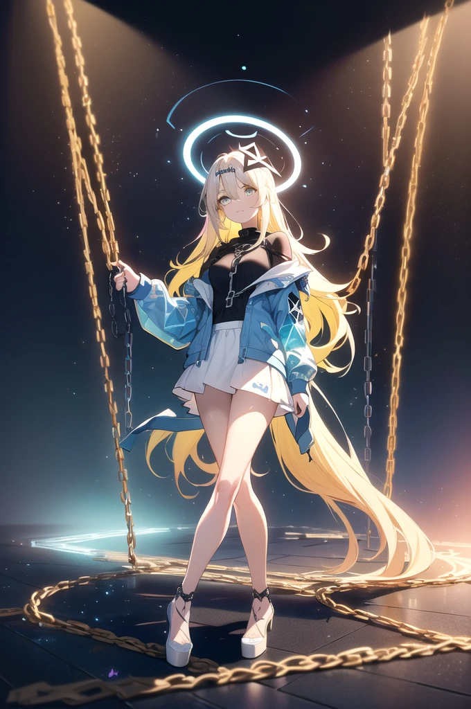 (blonde hair, long hair, sidelocks), (eyes with a mix of yellow and blue irises:1.5), two-tone eyes, multicolored eyes gradient eyes, white and blue jacket with constellation prints, (best quality,4k,8k,highres,masterpiece:1.2), ultra-detailed, portraits, (HDR:1.1), (vivid colors:1.1), (studio lighting), (bokeh), (highly saturated colors), (soft lighting), (detailed background), (subtle shadows), (ethereal glow), (pastel color palette), (delicate details), (sublime beauty), (feminine charm), (crisp focus), (fine brushwork), (impeccable craftsmanship), (emotional depth), (captivating storytelling), (intriguing narrative), (impressive realism), (exceptional artistry), (masterpiece-worthy), (awe-inspiring), blonde hair, very long hair, sidelocks, (eyes with a mix of yellow and blue irises:1.5), (two-tone eyes:1.5), (multicolored irises:1.5), multicolored eyes (gradient eyes:1.5), white and blue jacket with constellation prints, metallic skirt, (smug:1.5), (smirk), naughty face, mischievous, futuristic clothing, science fiction setting, high-tech, glowing eyes, (unicursal hexagram-shaped irises), (full body:1.5), (chains:1.5), (holographic halo:1.5), (unicursal hexagram halo:1.5)