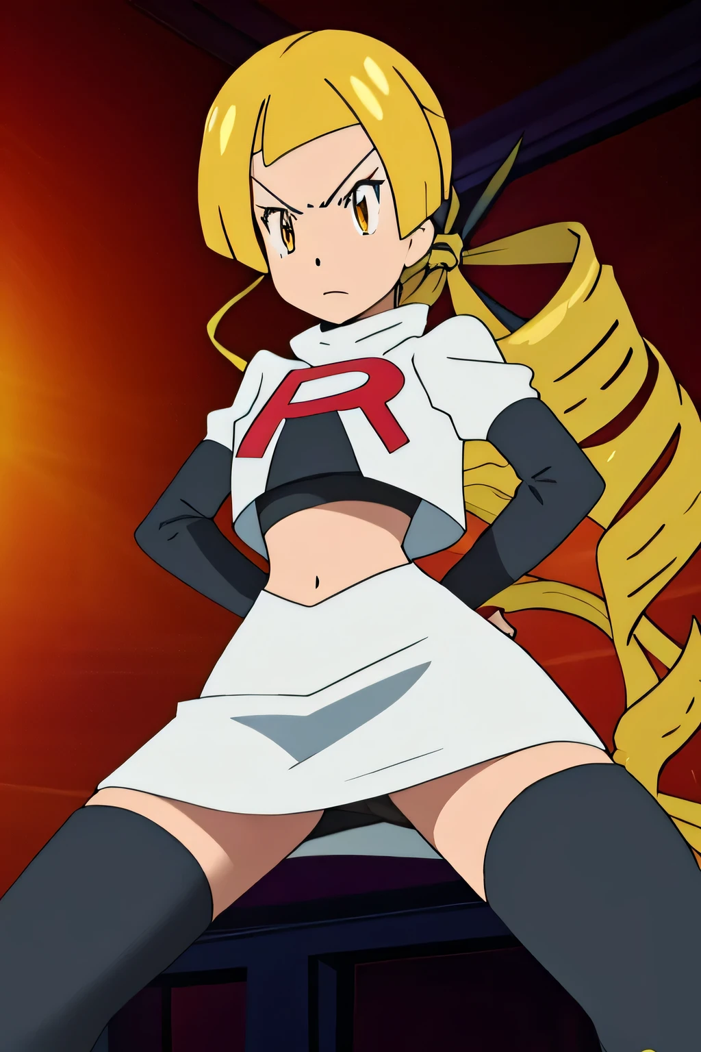 masterpiece,best quality,high res,high quality,8k, masterpiece,highres, team rocket uniform, red letter r, white skirt,white crop top,black thigh-high boots, black elbow gloves, glaring angrily, looking down at viewer, hands on hips, cowboy shot, zettai ryouiki,spread legs,from below, black panties,anime style, vivid colors, sharp focus, intense lighting,Mariabell Crois,yellow hair, drill hair, twin drills, (long hair:1.1), very long hair,, hair ornament, orange eyes