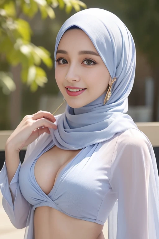 ((highest quality, 8K, table top: 1.3)), sharp: 1.2, perfect body beauty: 1.4, slim abs: 1.2, ((long pashmina pastel hijab,medium breasts: 1.2)), cleavage, (pale white long shirt: 1.1), Highly detailed face and skin texture, fine eyes, double eyelid, View from the side looking at the camera, innocent, (Excited: 1.3)、cute smile、big earrings、No sleeve、See-through shirt with collar、long hijab、hijab and shirth swaying in the wind、shirt unbuttoned loose opened, showing a breast, no bra