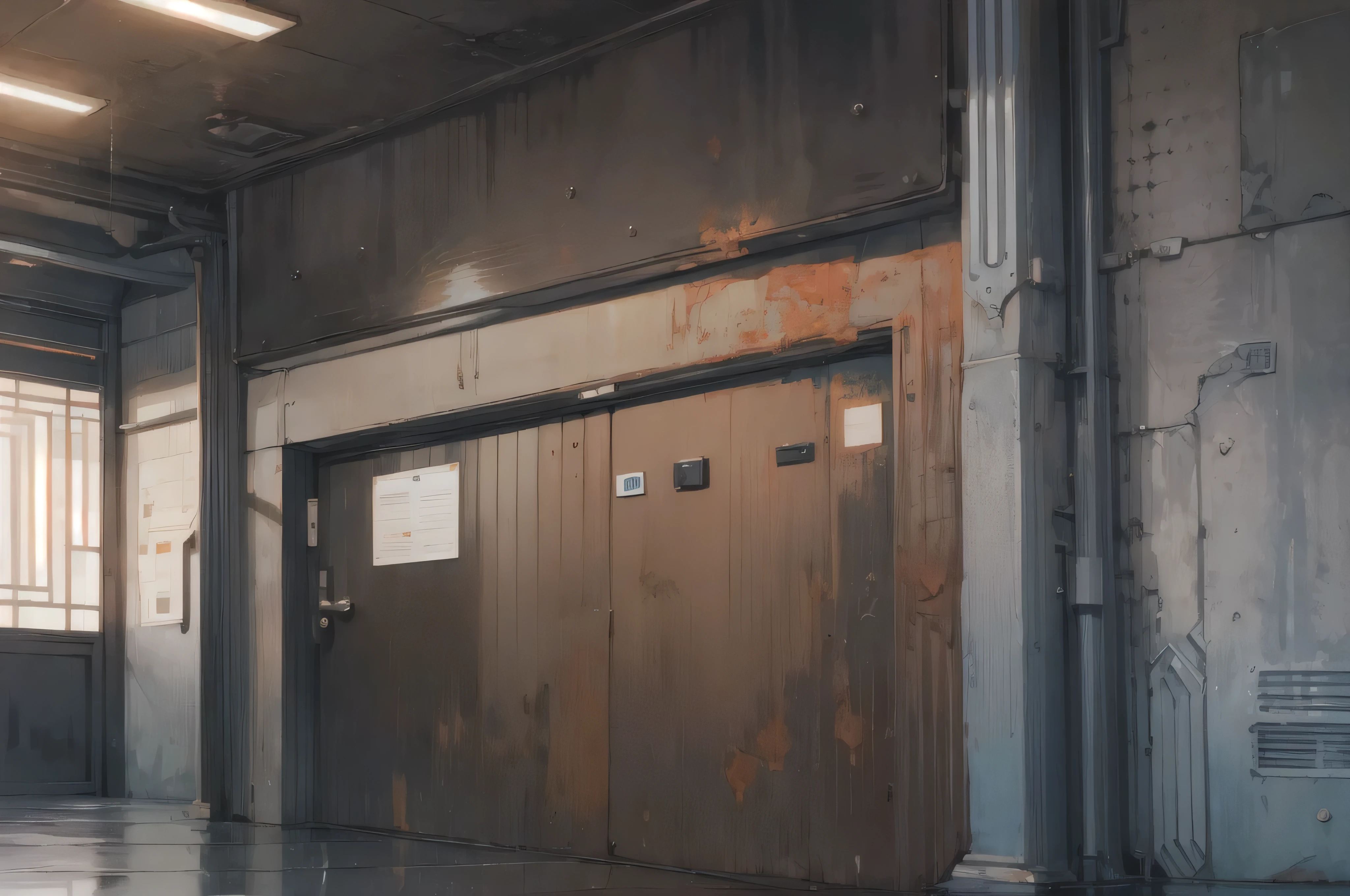 One side black，Metal texture wall，Metallic floor，Rusty，Chamber environment，Dim lighting，Urban pop style
