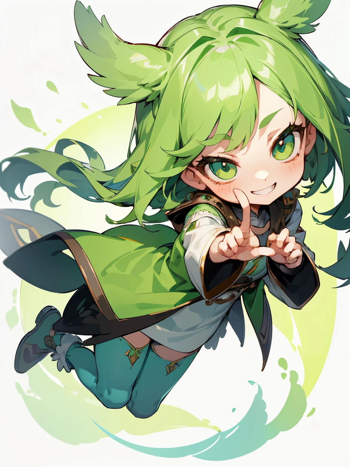 girl, full body, cartoon style, chibi style, cute, (index finger raised : 1.3), high detailed finger, bird tail, bird wing, beautiful face, grin face, green color eye, beautiful eye, high detailed pupil, double eyeylid, high detailed skin, high quality skin, green color hair, white clothes, masterpiece,