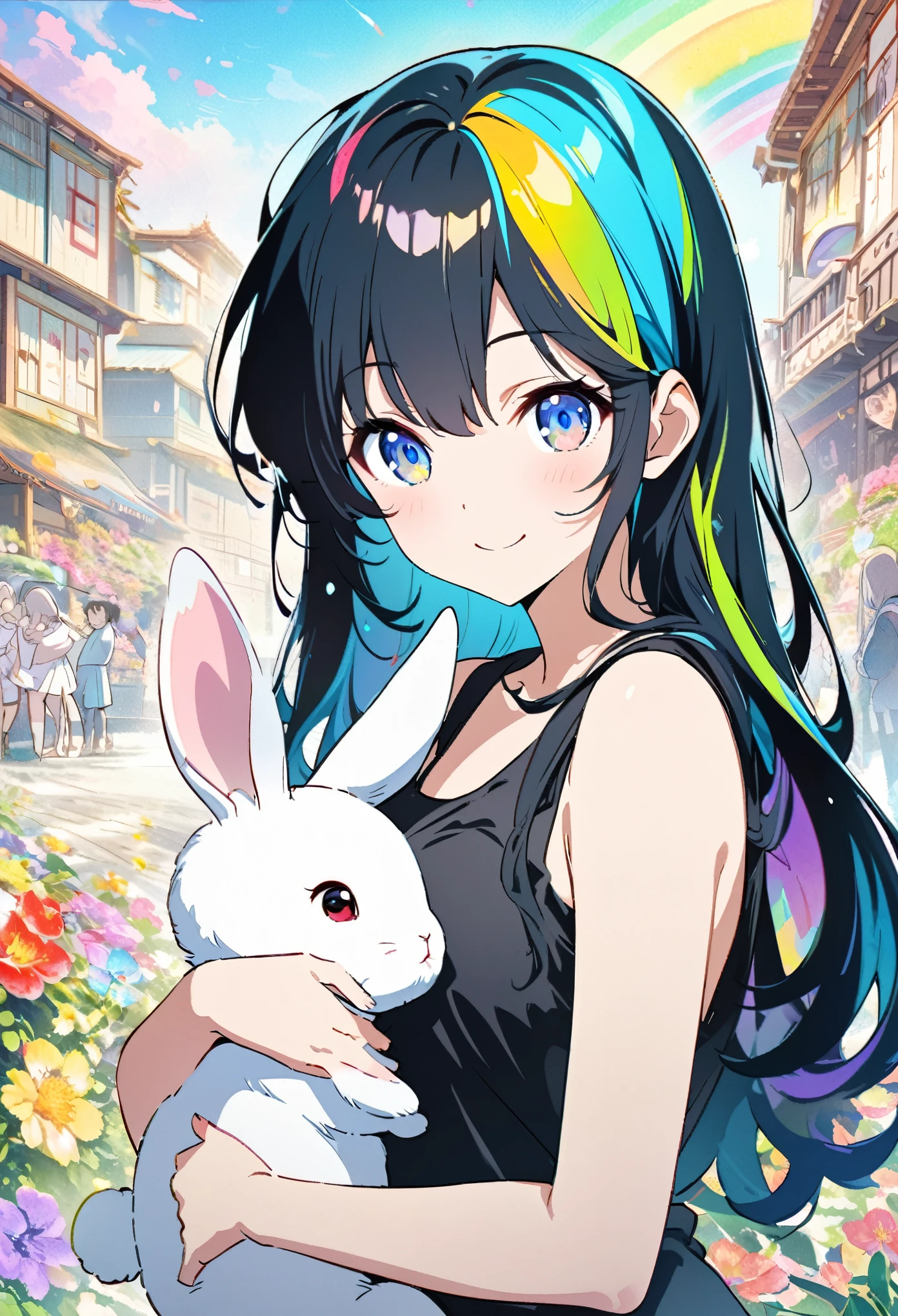 Japanese anime, a baby rabbit and a girl, under a rainbow-colored sky, a baby rabbit, carefully written, a smiling cute girl, a baby rabbit, and flowers, bold and strong line drawings, vivid thick paint, bright plain colors. Background, beautiful evidence, maximum resolution 16K, beautiful anime girl betrayed by a baby rabbit, long hair, baby rabbit, beautiful light cyan highlights are beautiful Gentle eyes, sparkling background, gentle air with diamond highlights Beautiful girl with good bright colorful hair, black tank top and miniskirt, thick aquarelle color, colorful, honeydew and diamonds, light cyan and white and light effects, wallpaper, architecture, high quality, high image quality, large amount of drawing , pixiv illustration, transparency, Japanese anime, upper body, white tone, delicate brushstrokes, unique colors