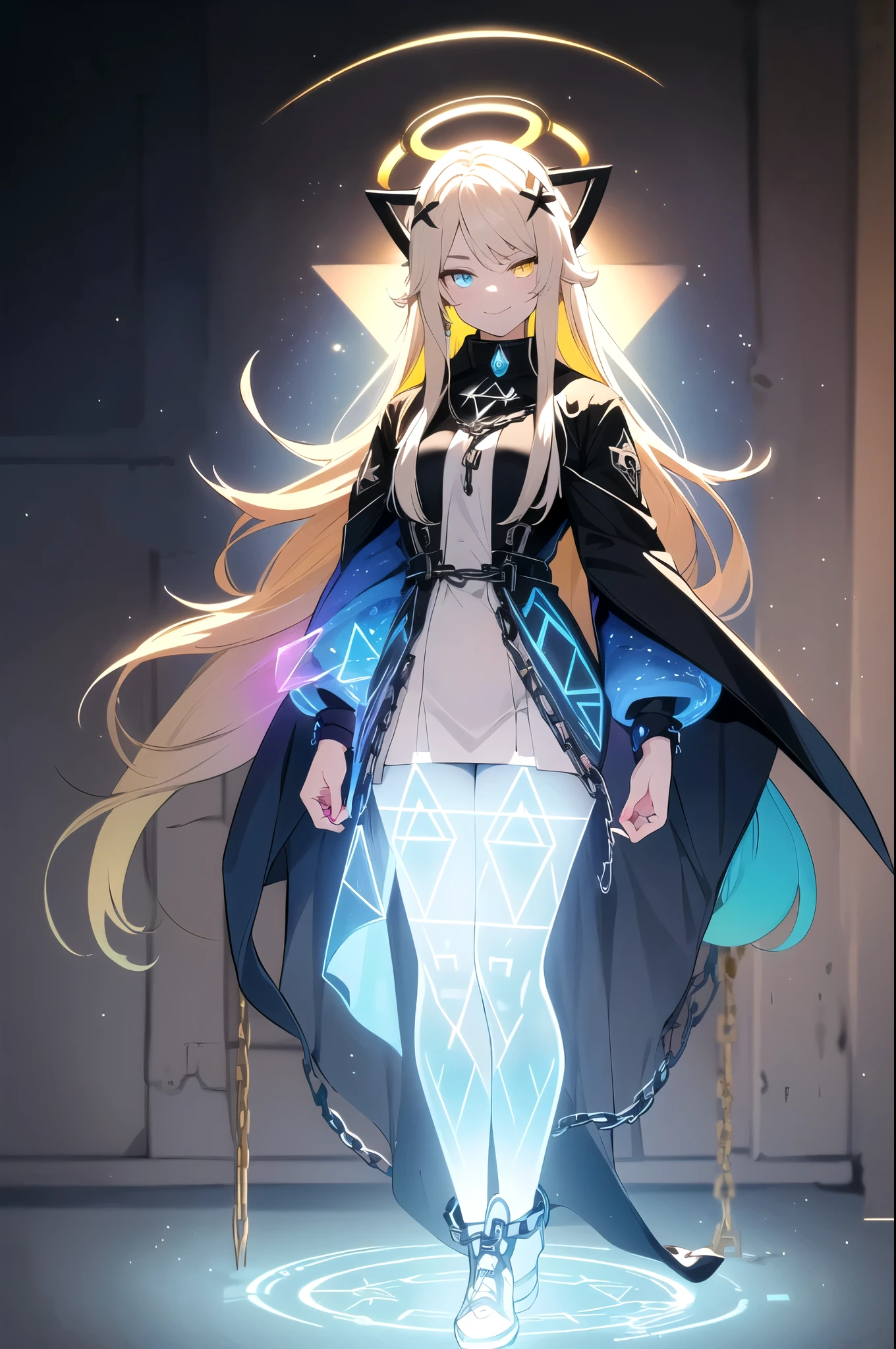 (blonde hair, long hair, sidelocks), (eyes with a mix of yellow and blue irises:1.5), two-tone eyes, multicolored eyes gradient eyes, white and blue jacket with constellation prints, (best quality,4k,8k,highres,masterpiece:1.2), ultra-detailed, portraits, (HDR:1.1), (vivid colors:1.1), (studio lighting), (bokeh), (highly saturated colors), (soft lighting), (detailed background), (subtle shadows), (ethereal glow), (pastel color palette), (delicate details), (sublime beauty), (feminine charm), (crisp focus), (fine brushwork), (impeccable craftsmanship), (emotional depth), (captivating storytelling), (intriguing narrative), (impressive realism), (exceptional artistry), (masterpiece-worthy), (awe-inspiring), blonde hair, very long hair, sidelocks, (eyes with a mix of yellow and blue irises:1.5), (two-tone eyes:1.5), (multicolored irises:1.5), multicolored eyes (gradient eyes:1.5), white and blue jacket with constellation prints, metallic skirt, (smug:1.5), (smirk), naughty face, mischievous, futuristic clothing, science fiction setting, high-tech, glowing eyes, (unicursal hexagram-shaped irises), (full body:1.5), (chains:1.5), (holographic halo:1.5), (unicursal hexagram halo:1.5)