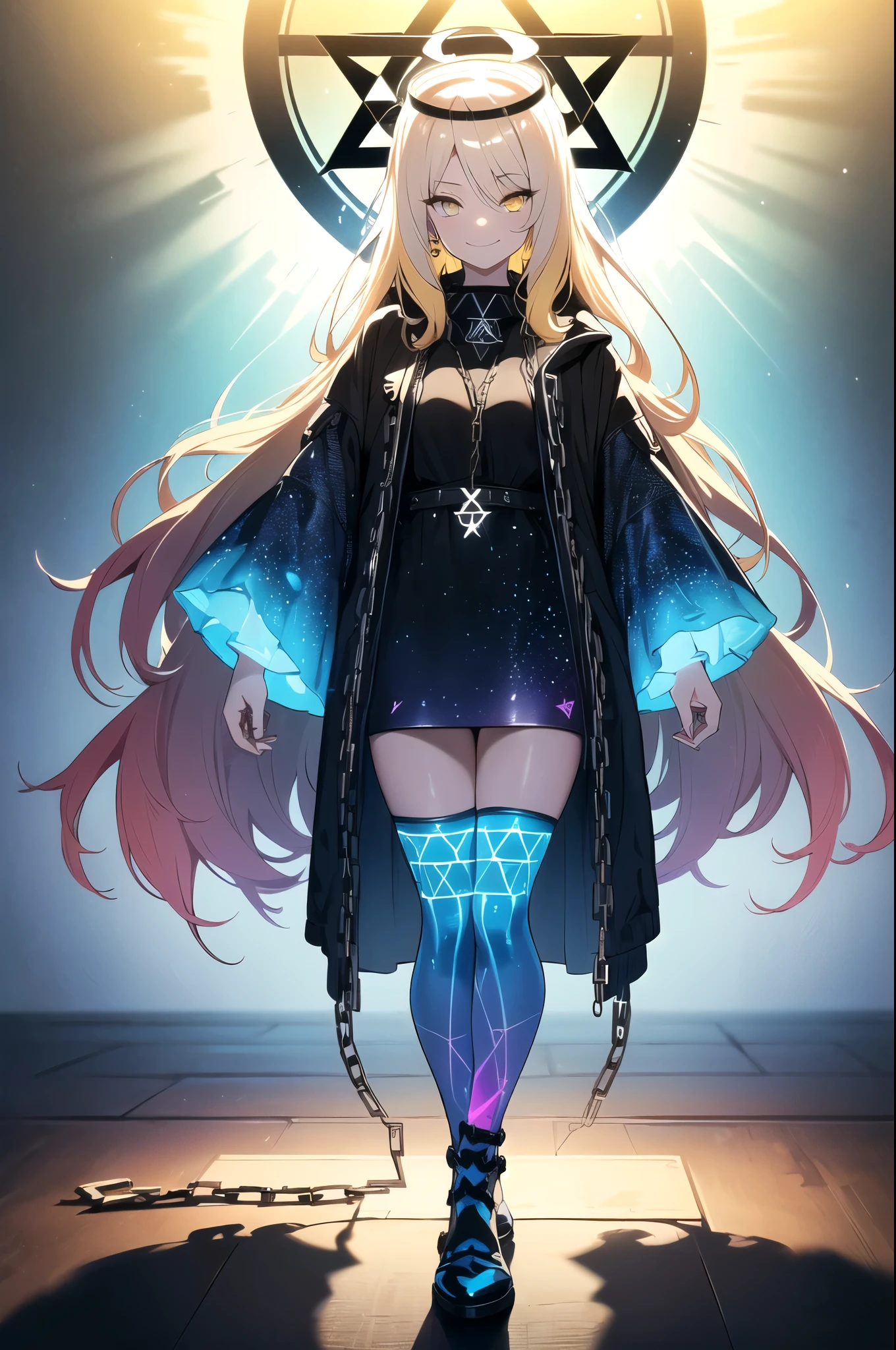 (blonde hair, long hair, sidelocks), (eyes with a mix of yellow and blue irises:1.5), two-tone eyes, multicolored eyes gradient eyes, white and blue jacket with constellation prints, (best quality,4k,8k,highres,masterpiece:1.2), ultra-detailed, portraits, (HDR:1.1), (vivid colors:1.1), (studio lighting), (bokeh), (highly saturated colors), (soft lighting), (detailed background), (subtle shadows), (ethereal glow), (pastel color palette), (delicate details), (sublime beauty), (feminine charm), (crisp focus), (fine brushwork), (impeccable craftsmanship), (emotional depth), (captivating storytelling), (intriguing narrative), (impressive realism), (exceptional artistry), (masterpiece-worthy), (awe-inspiring), blonde hair, very long hair, sidelocks, (eyes with a mix of yellow and blue irises:1.5), (two-tone eyes:1.5), (multicolored irises:1.5), multicolored eyes (gradient eyes:1.5), white and blue jacket with constellation prints, metallic skirt, (smug:1.5), (smirk), naughty face, mischievous, futuristic clothing, science fiction setting, high-tech, glowing eyes, (unicursal hexagram-shaped irises), (full body:1.5), (chains:1.5), (holographic halo:1.5), (unicursal hexagram halo:1.5)