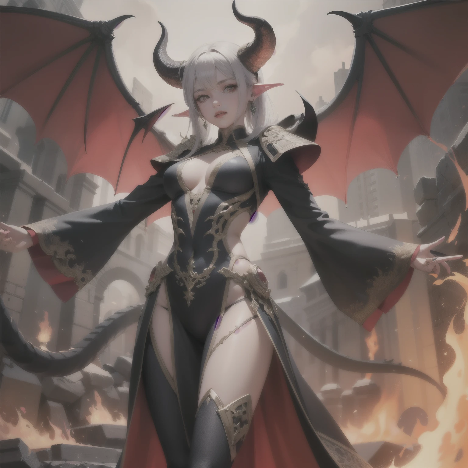 A demon with dragon horns and scales,The posture is full of dignity and power.,His pupils seemed to be burning with fire.,It also has a human-like body.,Gorgeous vintage suits feature intricate embroidery,It's like a symbol of power.