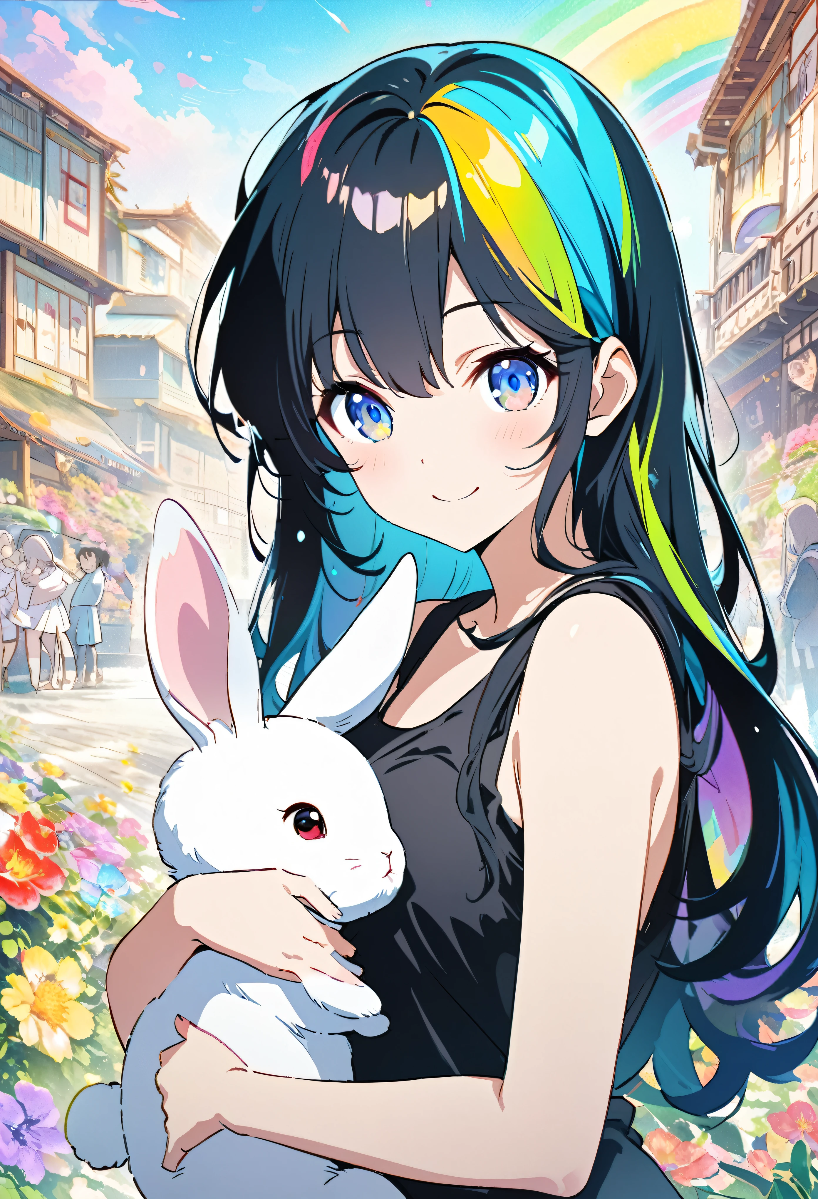 Japanese anime, a baby rabbit and a girl, under a rainbow-colored sky, a baby rabbit, carefully written, a smiling cute girl, a baby rabbit, and flowers, bold and strong line drawings, vivid thick paint, bright plain colors. Background, beautiful evidence, maximum resolution 16K, beautiful anime girl betrayed by a baby rabbit, long hair, baby rabbit, beautiful light cyan highlights are beautiful Gentle eyes, sparkling background, gentle air with diamond highlights Beautiful girl with good bright colorful hair, black tank top and miniskirt, thick aquarelle color, colorful, honeydew and diamonds, light cyan and white and light effects, wallpaper, architecture, high quality, high image quality, large amount of drawing , pixiv illustration, transparency, Japanese anime, upper body, white tone, delicate brushstrokes, unique colors