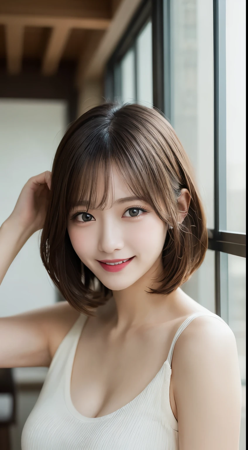 Tabletop, highest quality, figure, Very detailed, In detail, High resolution, 8k wallpaper, Perfect dynamic composition, Beautiful fine details, White tank top,Medium Hair, Center of chest, Natural color lip, Random sexy poses,smile,Tower apartment，
